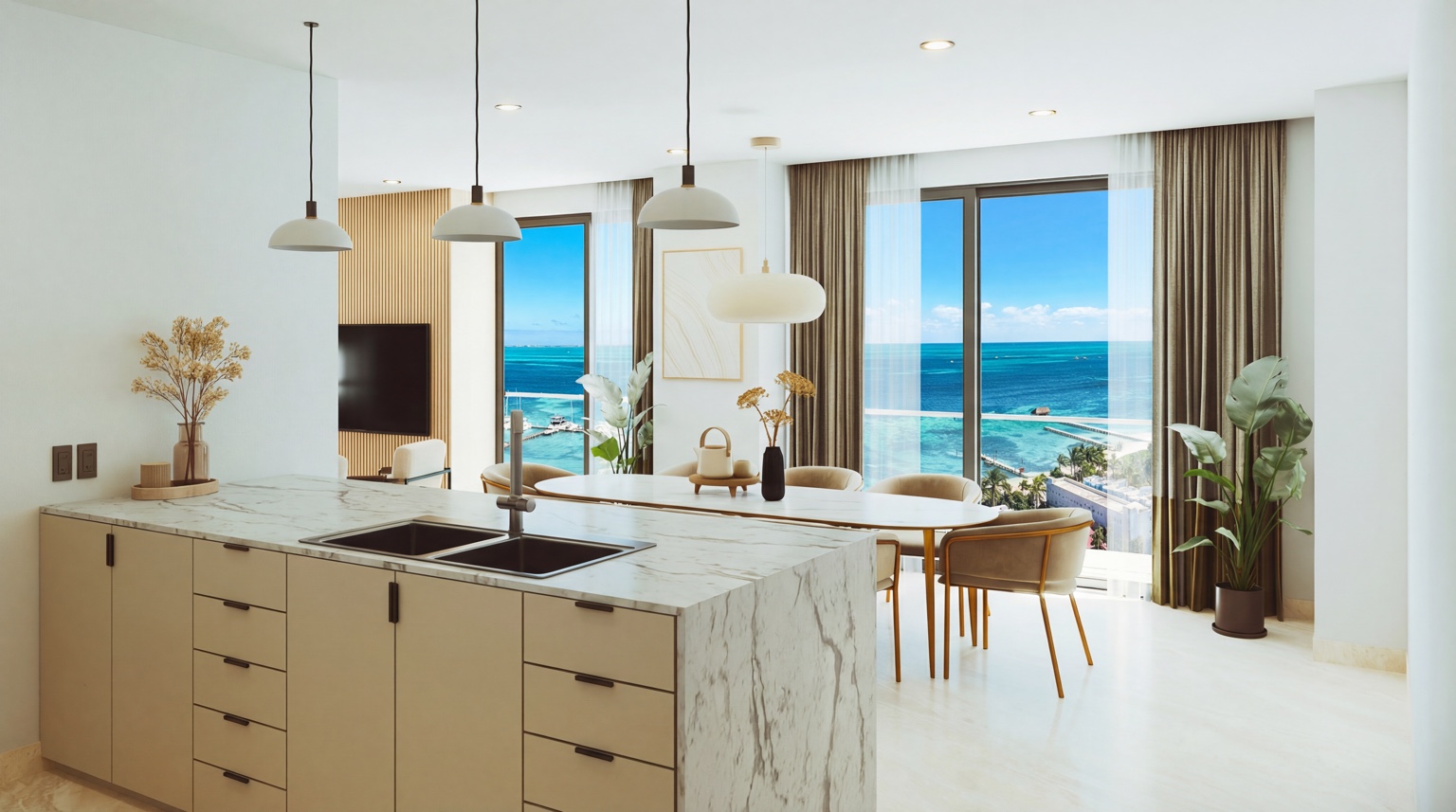 Cocina y estancia con vista al Caribe en DHAMAR